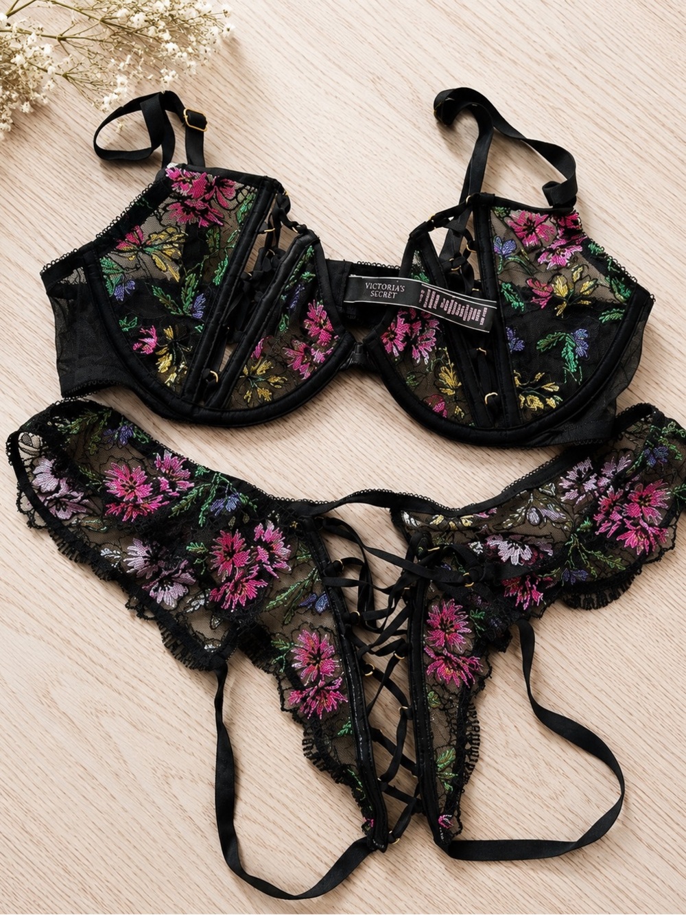 Victoria's Secret Black Sheer Floral Lace Underwire Bra & Lace-Up Thong